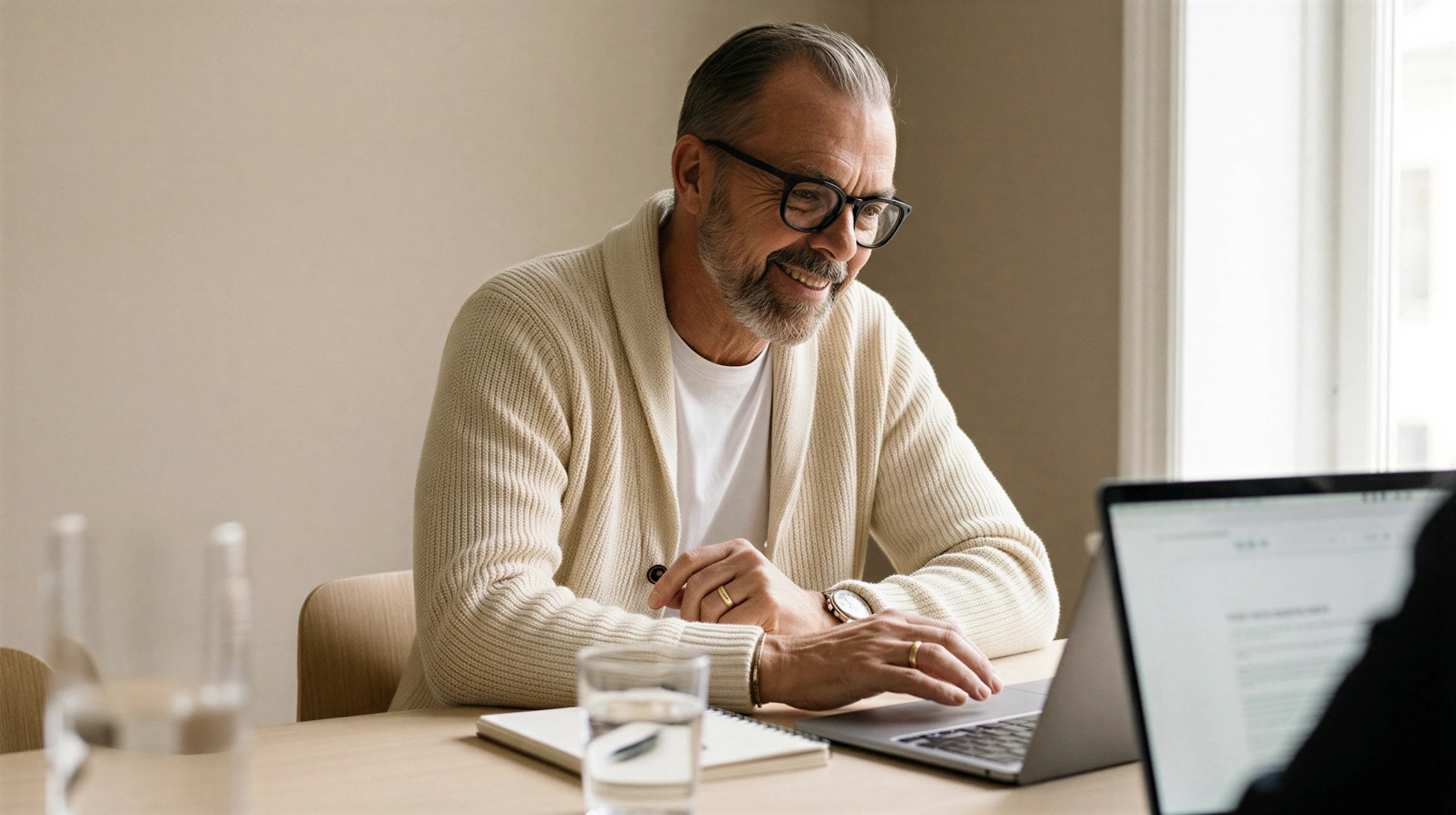 Homme souriant devant son ordinateur portable pendant une rencontre avec son conseiller en sécurité financière